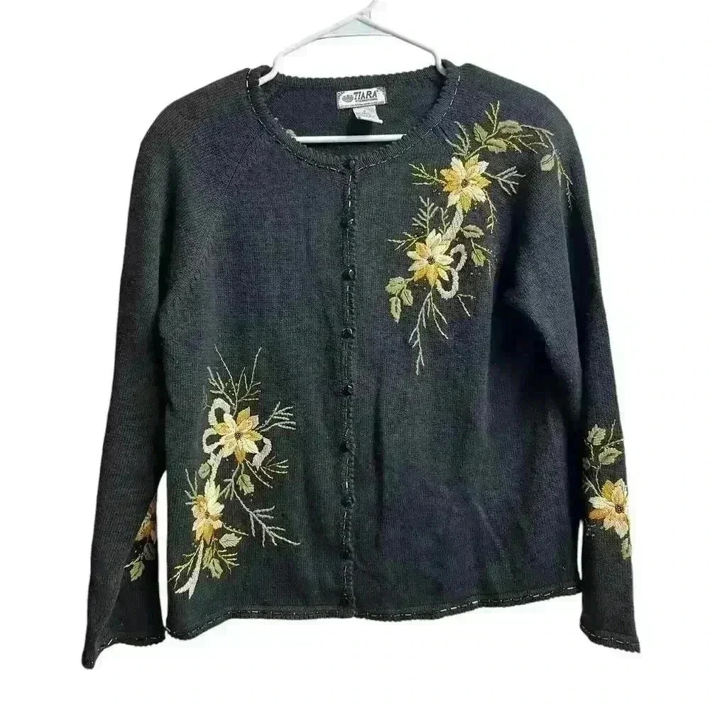 Tiara International Sweater Cardigan Small Black Embroidery Beaded